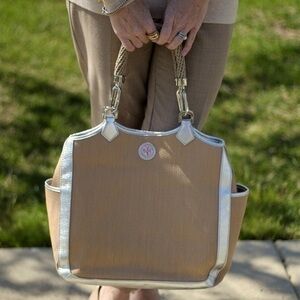 Tory Burch Channing Straw and Leather Gold Tote